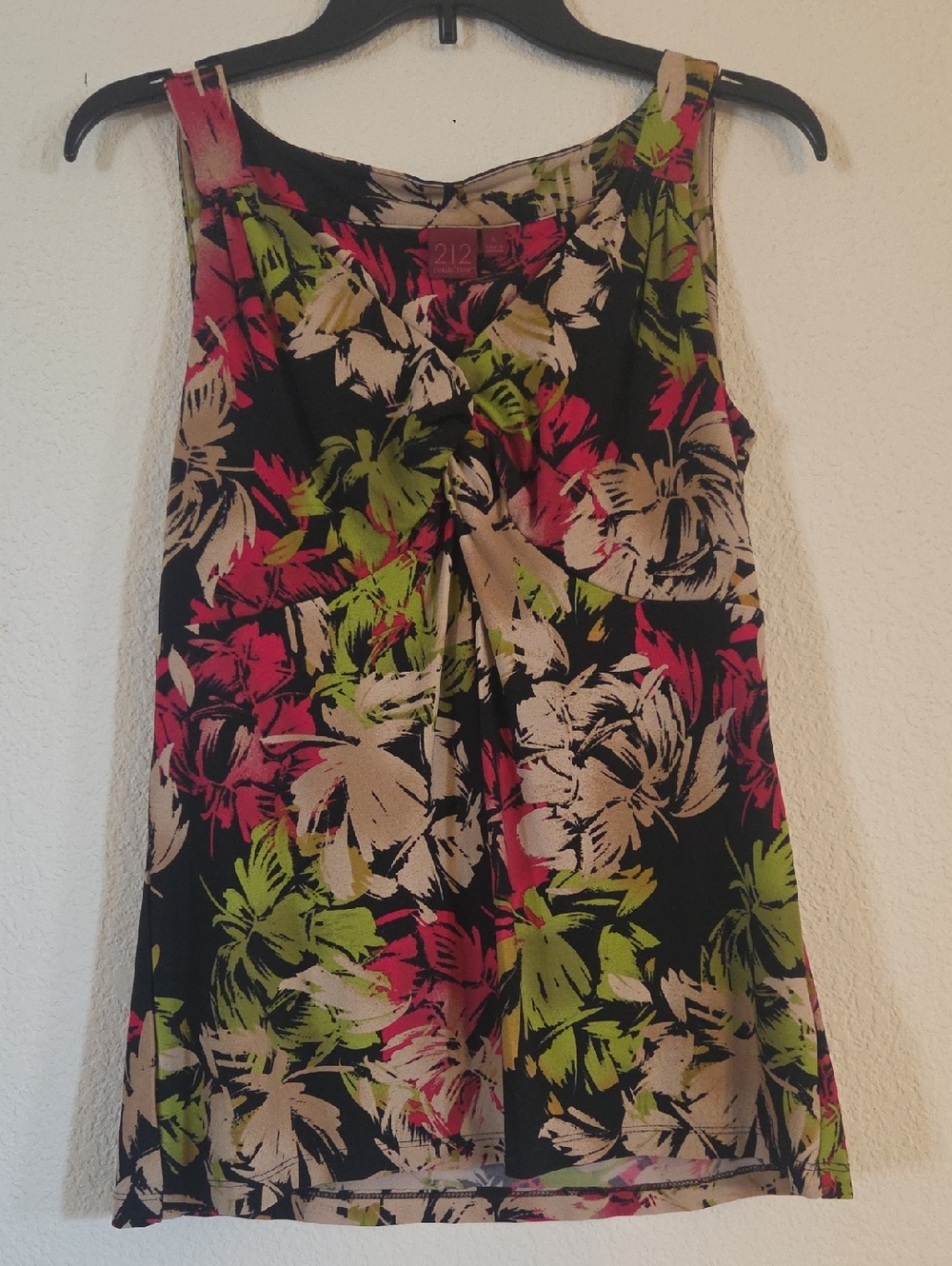 212 Collection Black Floral Tank with Pink, Green & Tan Print